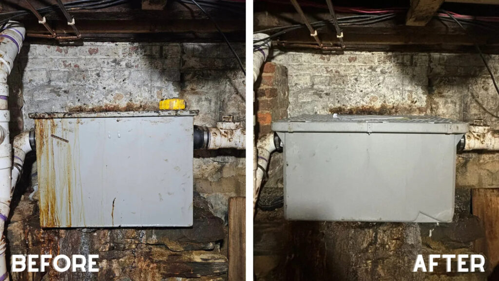 Before and after commercial grease trap repair showing damaged and restored system in an Orange County kitchen