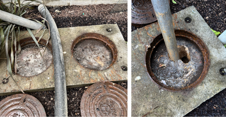 Commercial grease trap repair in progress at a restaurant kitchen in Orange County